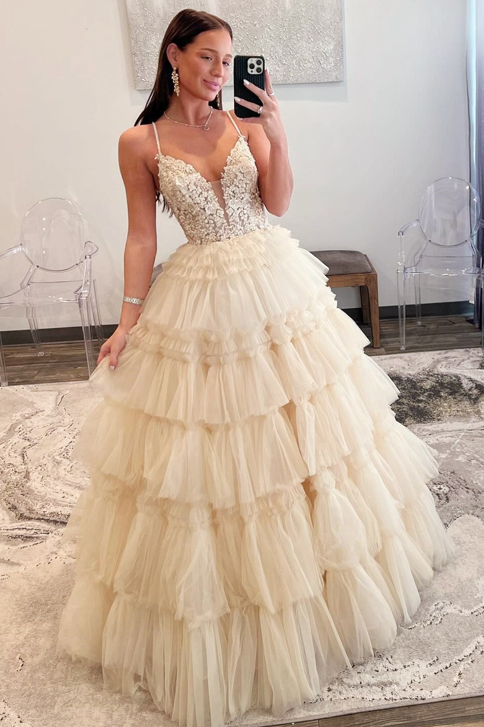 Spaghetti Strap V-Neck Sleeveless Ruffle Tiered Tulle Long Ball Gown