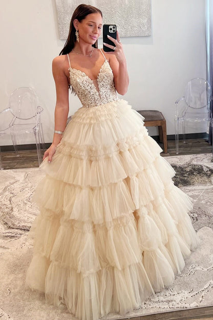Spaghetti Strap V-Neck Sleeveless Ruffle Tiered Tulle Long Ball Gown