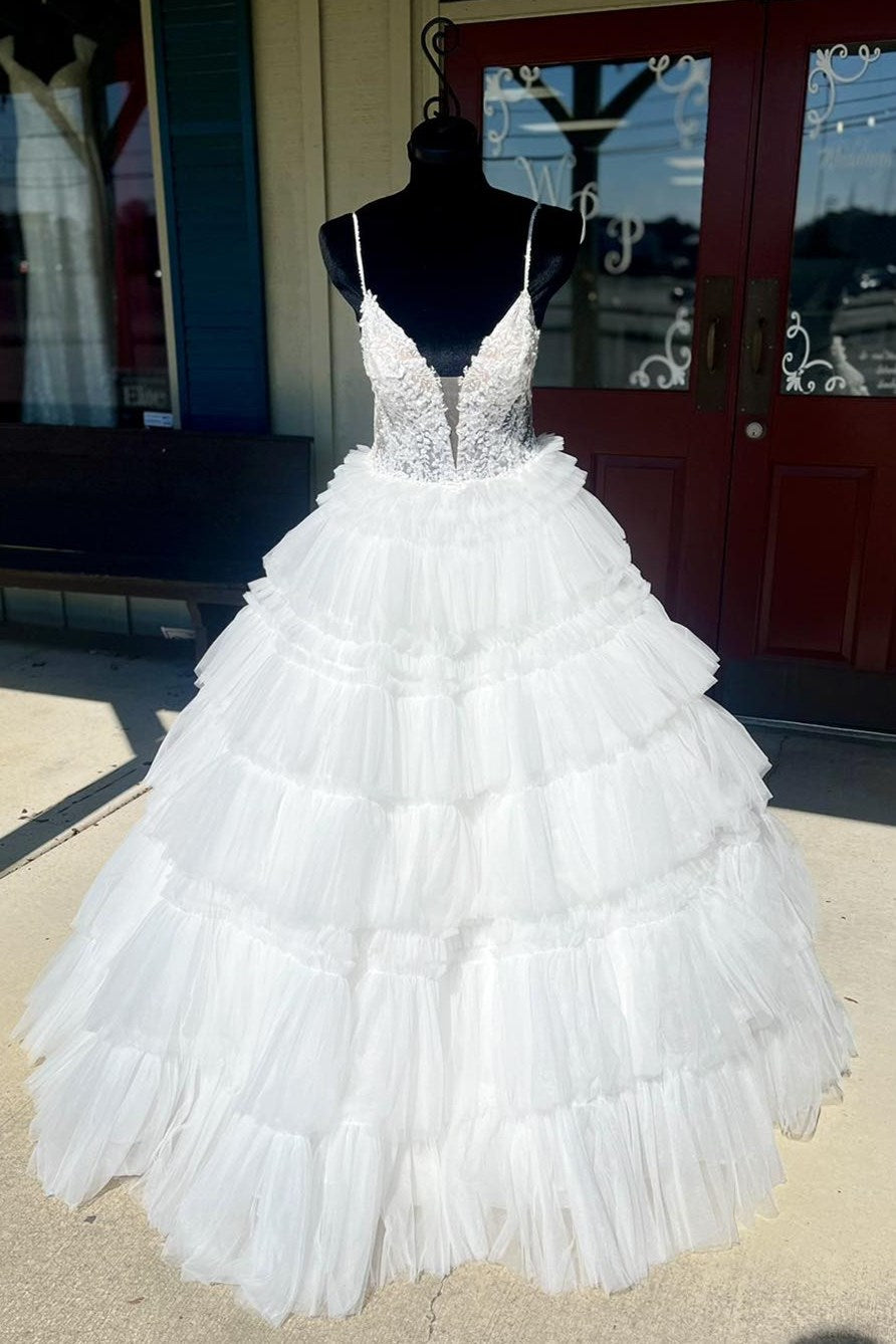 Spaghetti Strap V-Neck Sleeveless Ruffle Tiered Tulle Long Ball Gown