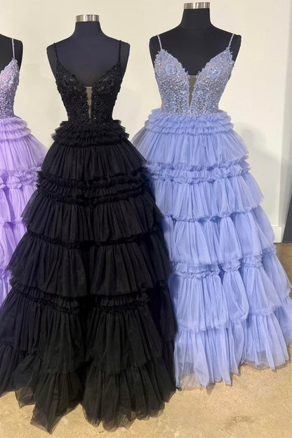 Spaghetti Strap V-Neck Sleeveless Ruffle Tiered Tulle Long Ball Gown