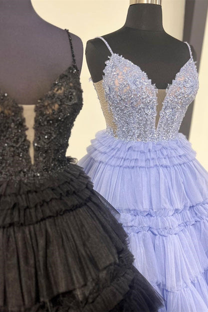 Spaghetti Strap V-Neck Sleeveless Ruffle Tiered Tulle Long Ball Gown