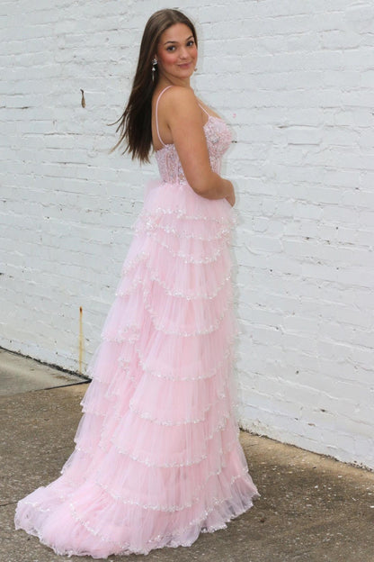 A-Line Sequin Lace Spaghetti Strap Ruffle Tiered Long Prom Dress