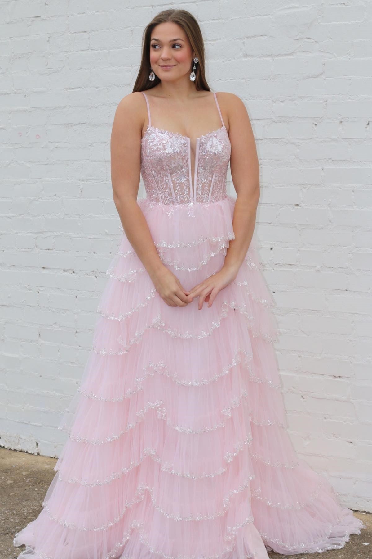 A-Line Sequin Lace Spaghetti Strap Ruffle Tiered Long Prom Dress