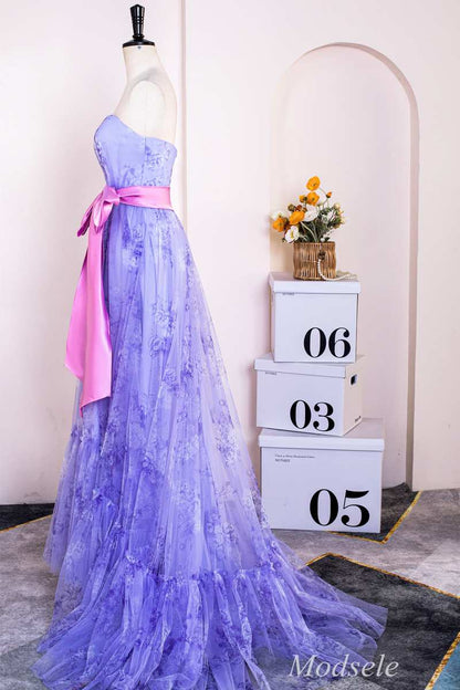 Lavender Print Strapless Bow Front A-Line Long Prom Dress