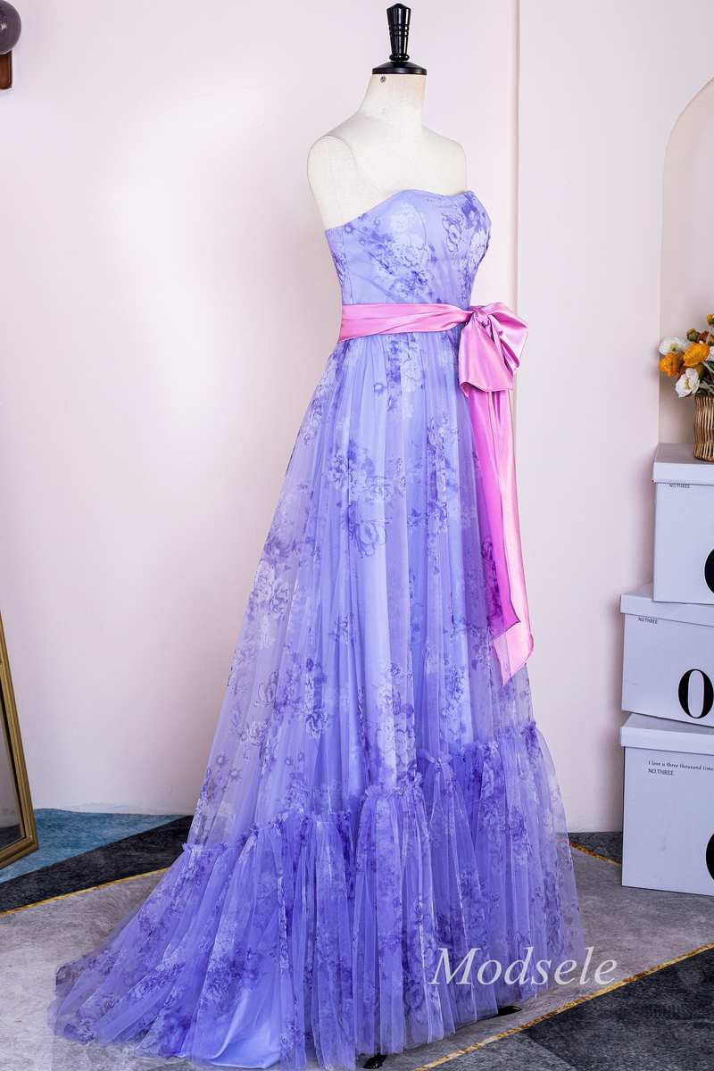 Lavender Print Strapless Bow Front A-Line Long Prom Dress