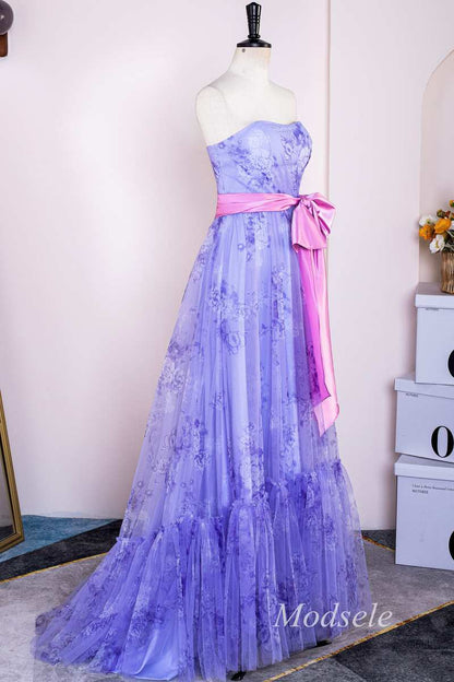 Lavender Print Strapless Bow Front A-Line Long Prom Dress