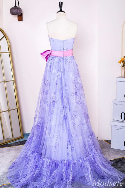 Lavender Print Strapless Bow Front A-Line Long Prom Dress