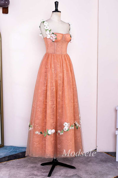 Orange Lace 3D Floral Lace Corset A-Line Long Prom Dress