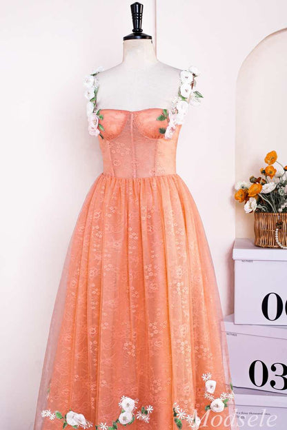Orange Lace 3D Floral Lace Corset A-Line Long Prom Dress