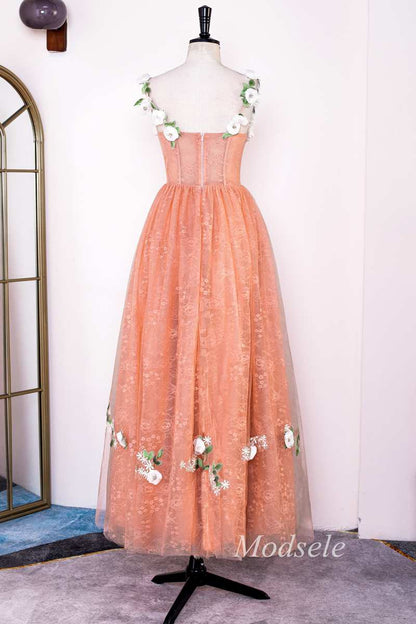 Orange Lace 3D Floral Lace Corset A-Line Long Prom Dress