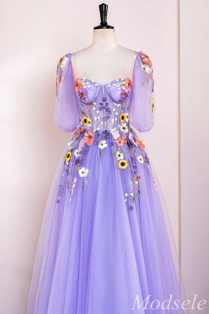 Lavender Floral Appliques Sweetheart A-Line Long Prom Dress