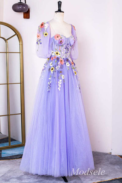 Lavender Floral Appliques Sweetheart A-Line Long Prom Dress