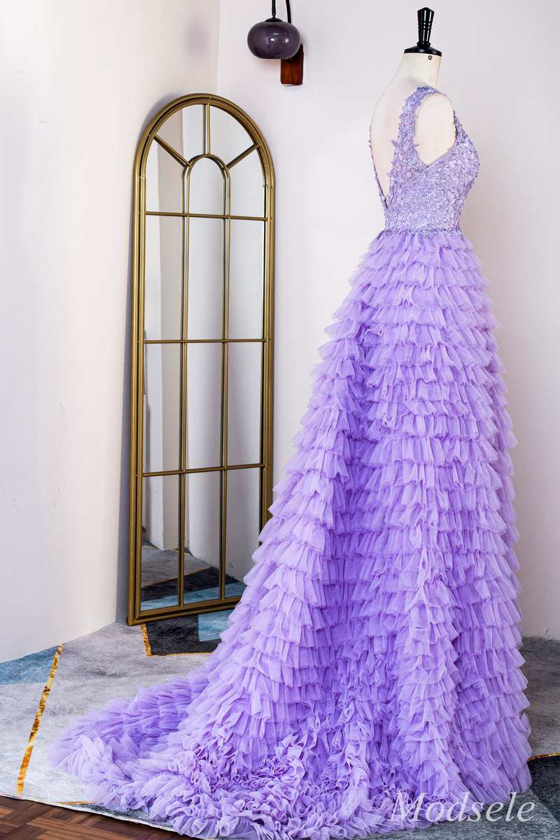 Lavender Appliques Plunge V Ruffle Tiered Long Prom Dress with Slit