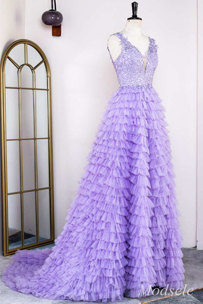 Lavender Appliques Plunge V Ruffle Tiered Long Prom Dress with Slit