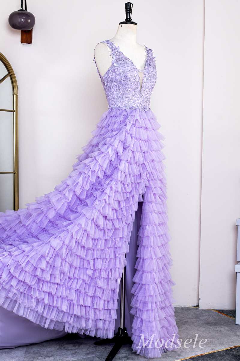 Lavender Appliques Plunge V Ruffle Tiered Long Prom Dress with Slit