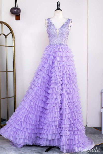 Lavender Appliques Plunge V Ruffle Tiered Long Prom Dress with Slit
