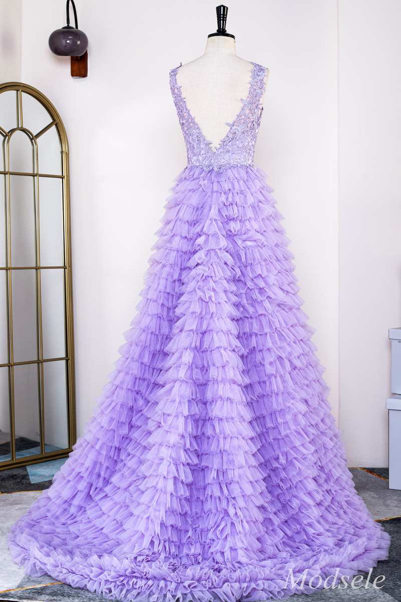 Lavender Appliques Plunge V Ruffle Tiered Long Prom Dress with Slit