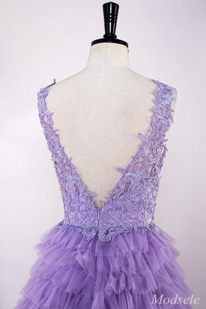 Lavender Appliques Plunge V Ruffle Tiered Long Prom Dress with Slit