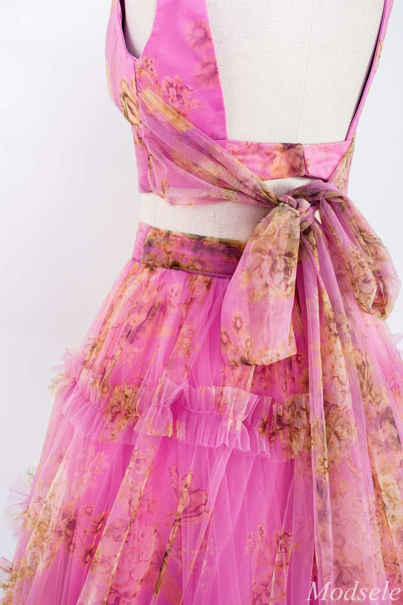 Two-Piece Fuchsia Print V-Neck Ruffle Long Prom Dress