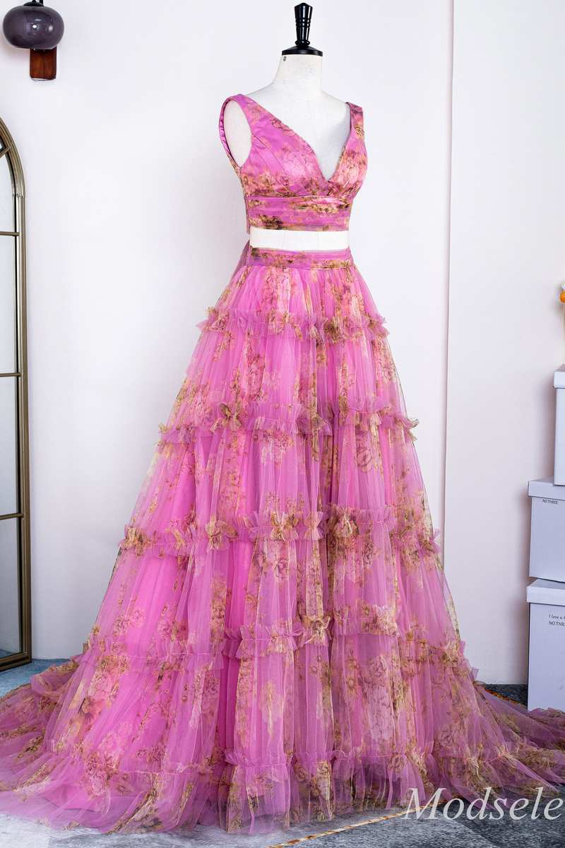 Two-Piece Fuchsia Print V-Neck Ruffle Long Prom Dress