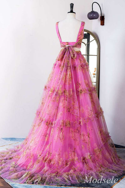 Two-Piece Fuchsia Print V-Neck Ruffle Long Prom Dress