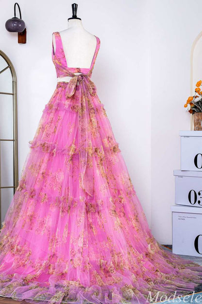 Two-Piece Fuchsia Print V-Neck Ruffle Long Prom Dress