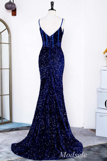 Royal Blue Sequin Spaghetti Strap Mermaid Long Formal Dress