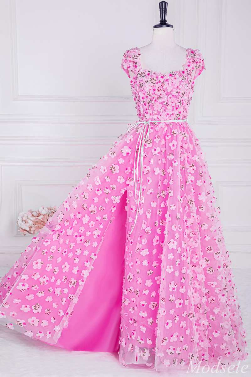 Pink 3D Floral Lace Cap Sleeve A-Line Long Prom Dress with Slit