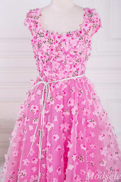 Pink 3D Floral Lace Cap Sleeve A-Line Long Prom Dress with Slit