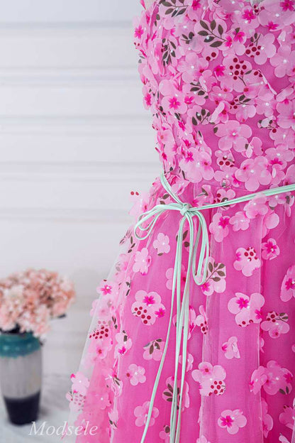 Pink 3D Floral Lace Cap Sleeve A-Line Long Prom Dress with Slit