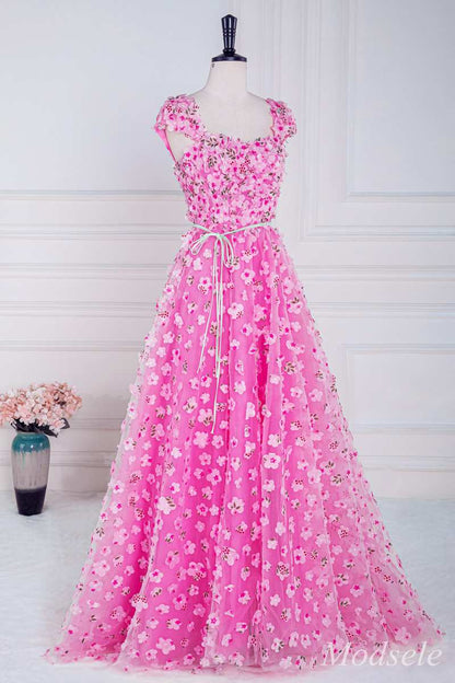 Pink 3D Floral Lace Cap Sleeve A-Line Long Prom Dress with Slit