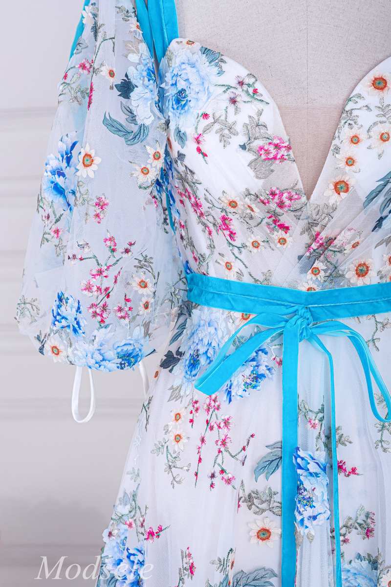 Floral Embroidery V-Neck A-Line Long Prom Dress with Puff Sleeves