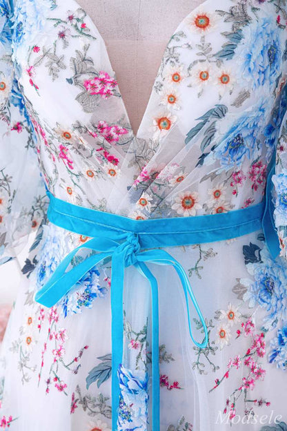 Floral Embroidery V-Neck A-Line Long Prom Dress with Puff Sleeves