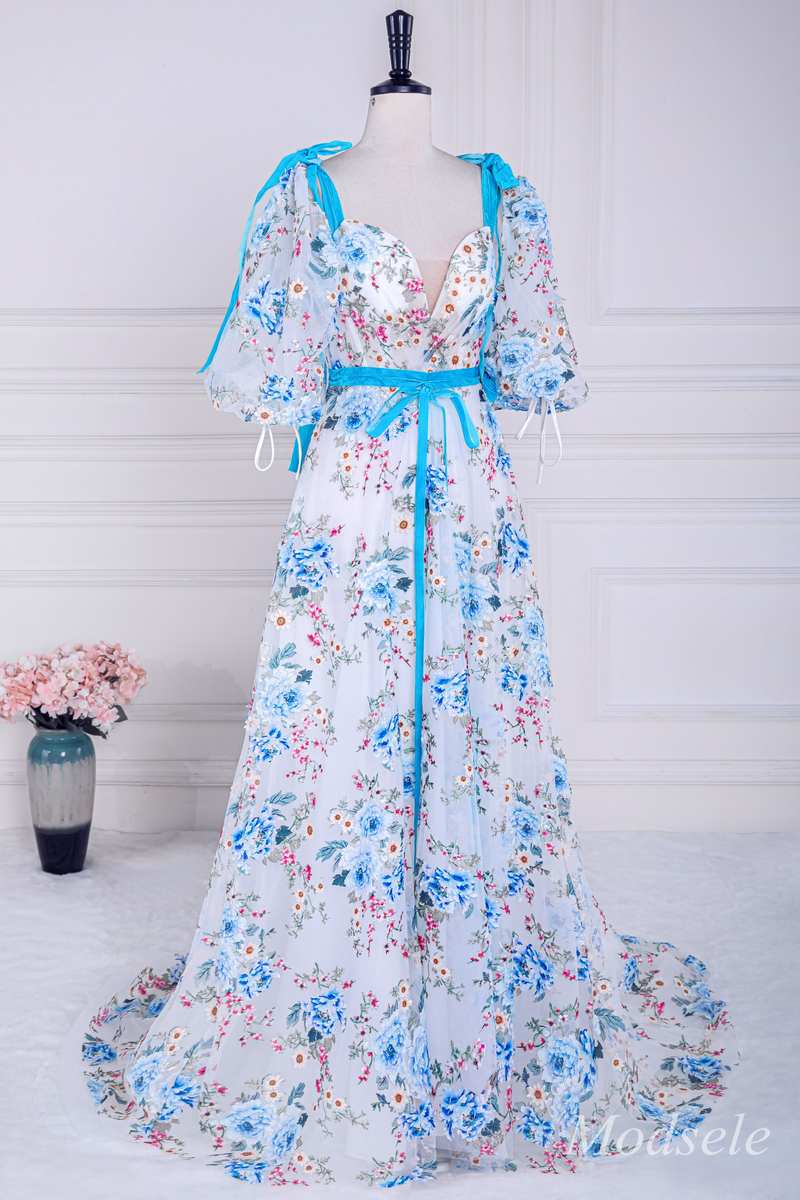 Floral Embroidery V-Neck A-Line Long Prom Dress with Puff Sleeves