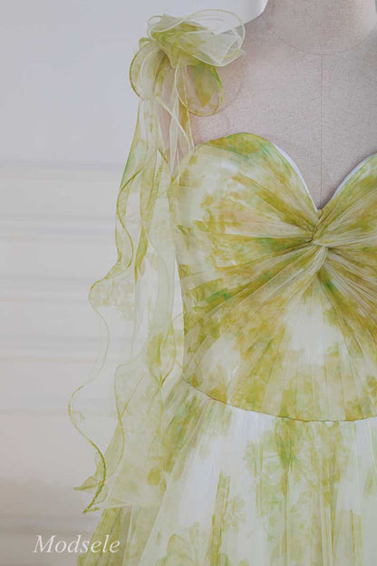 Yellow Print Twisted Knot Ruffle A-Line Long Prom Dress