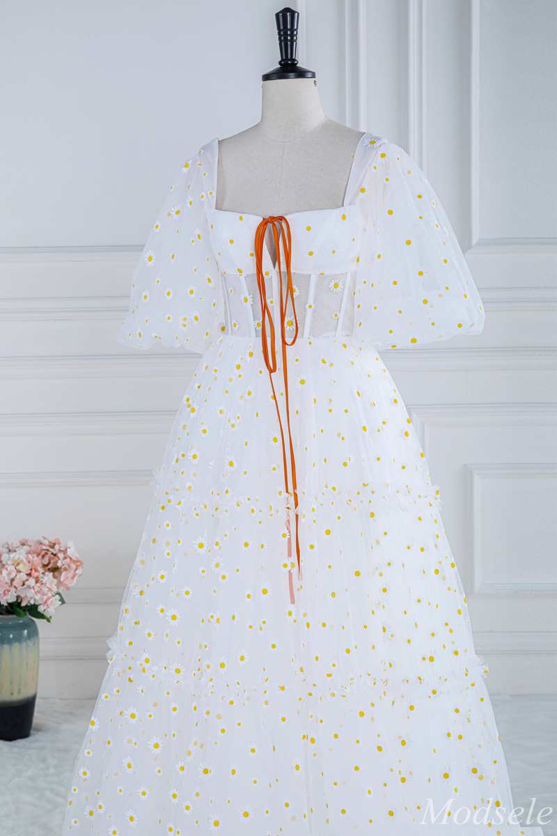 White Daisy Print Square Neck Puff Sleeve A-Line Long Prom Dress