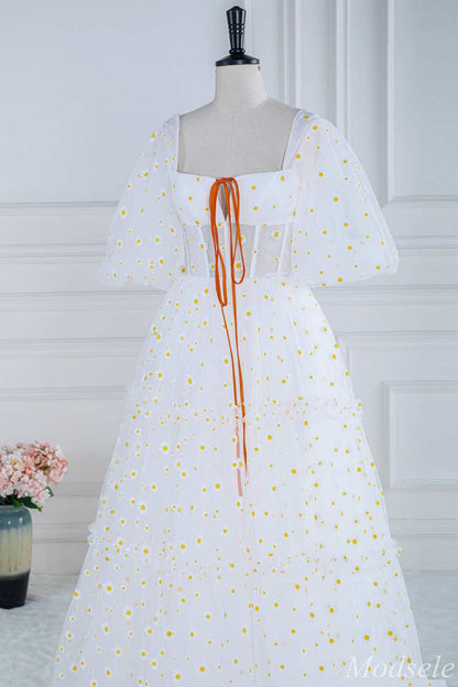 White Daisy Print Square Neck Puff Sleeve A-Line Long Prom Dress