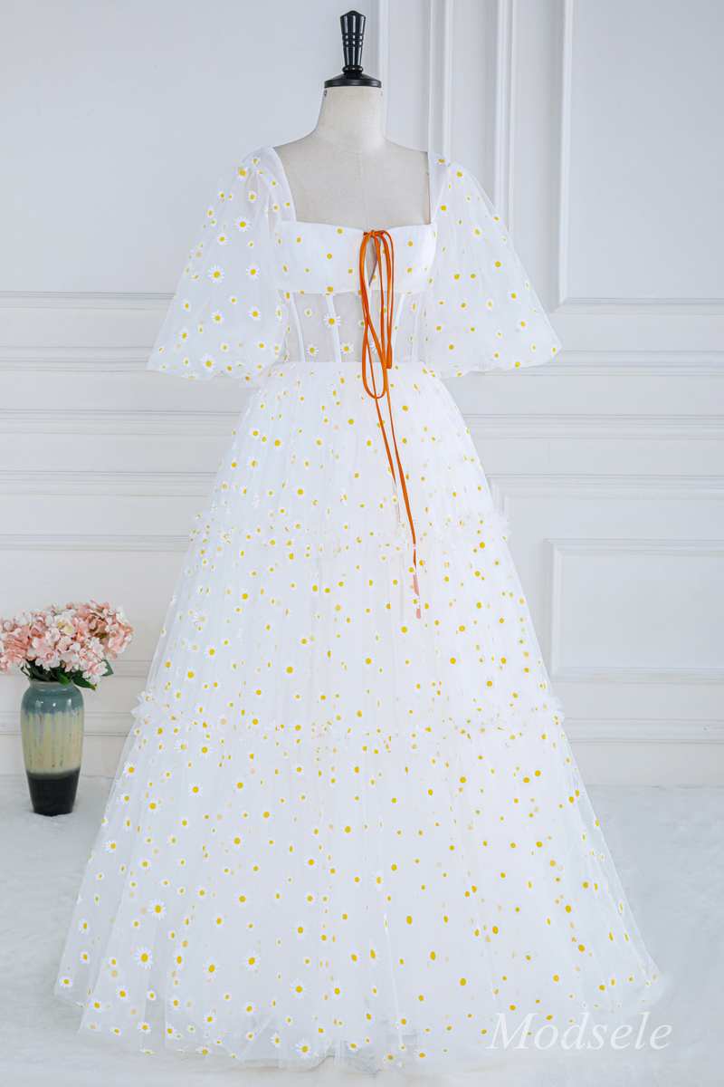 White Daisy Print Square Neck Puff Sleeve A-Line Long Prom Dress