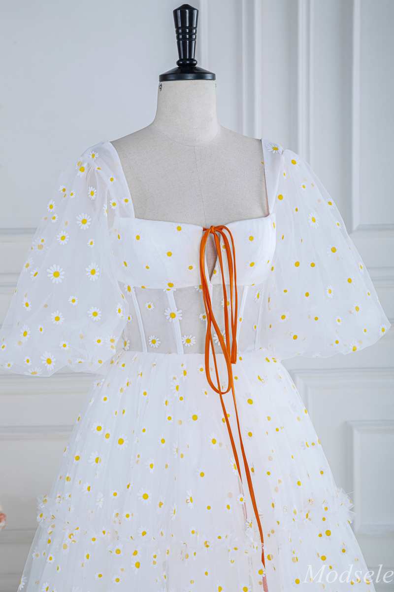 White Daisy Print Square Neck Puff Sleeve A-Line Long Prom Dress