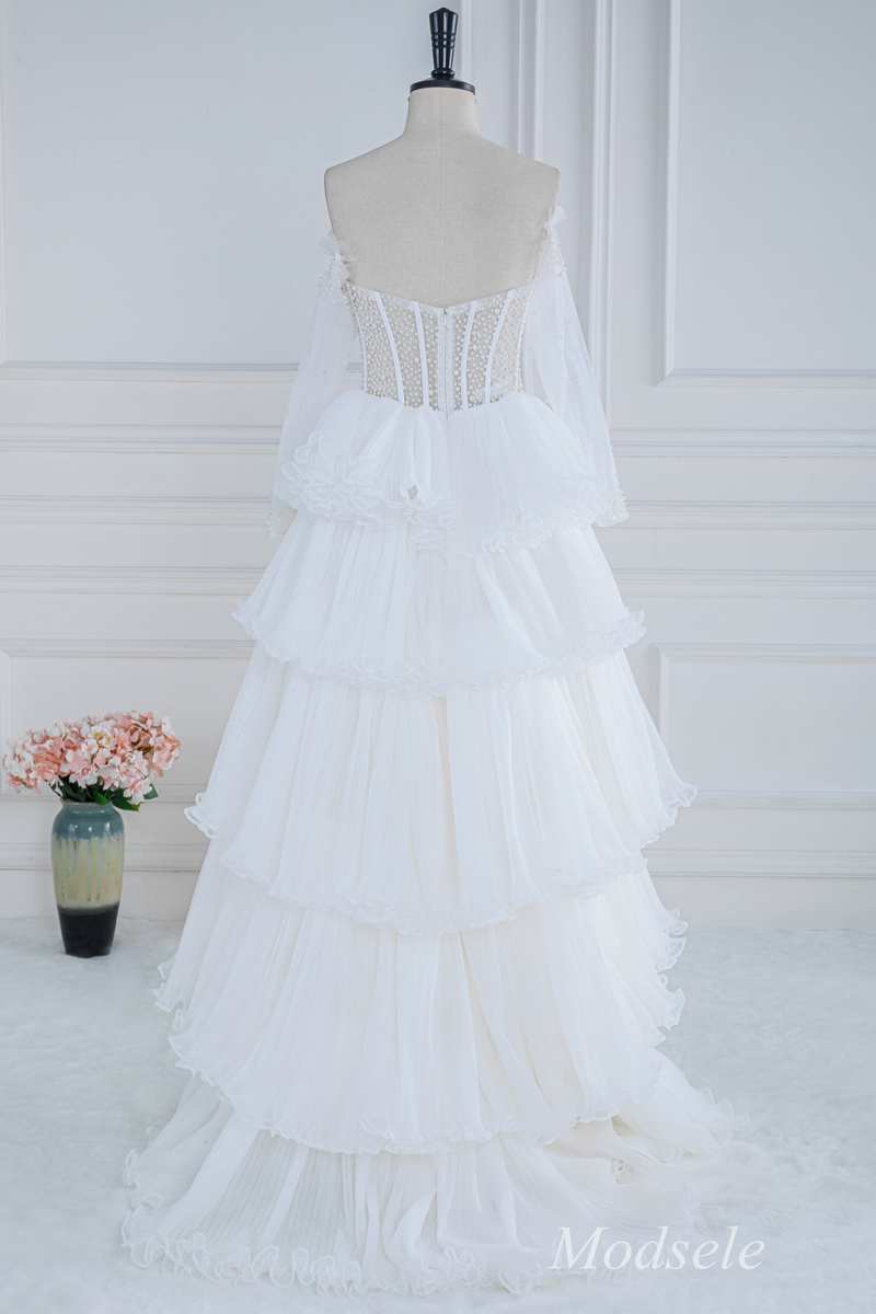 White Beaded Strapless Ruffle Tiered Long Prom Dress