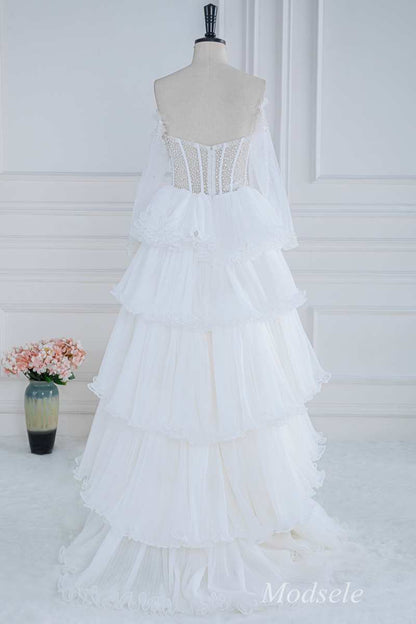 White Beaded Strapless Ruffle Tiered Long Prom Dress