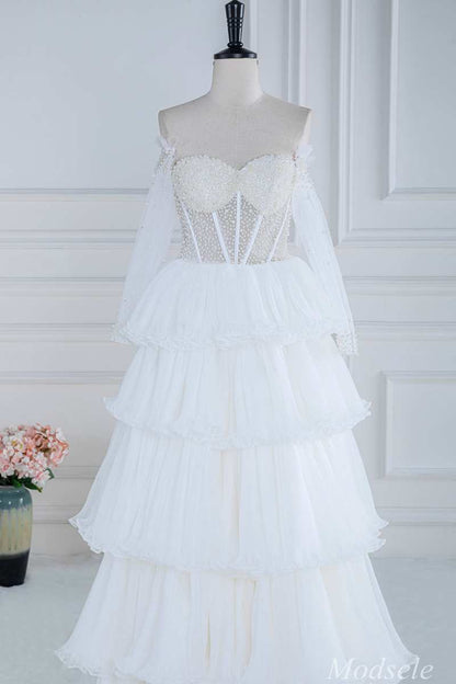 White Beaded Strapless Ruffle Tiered Long Prom Dress