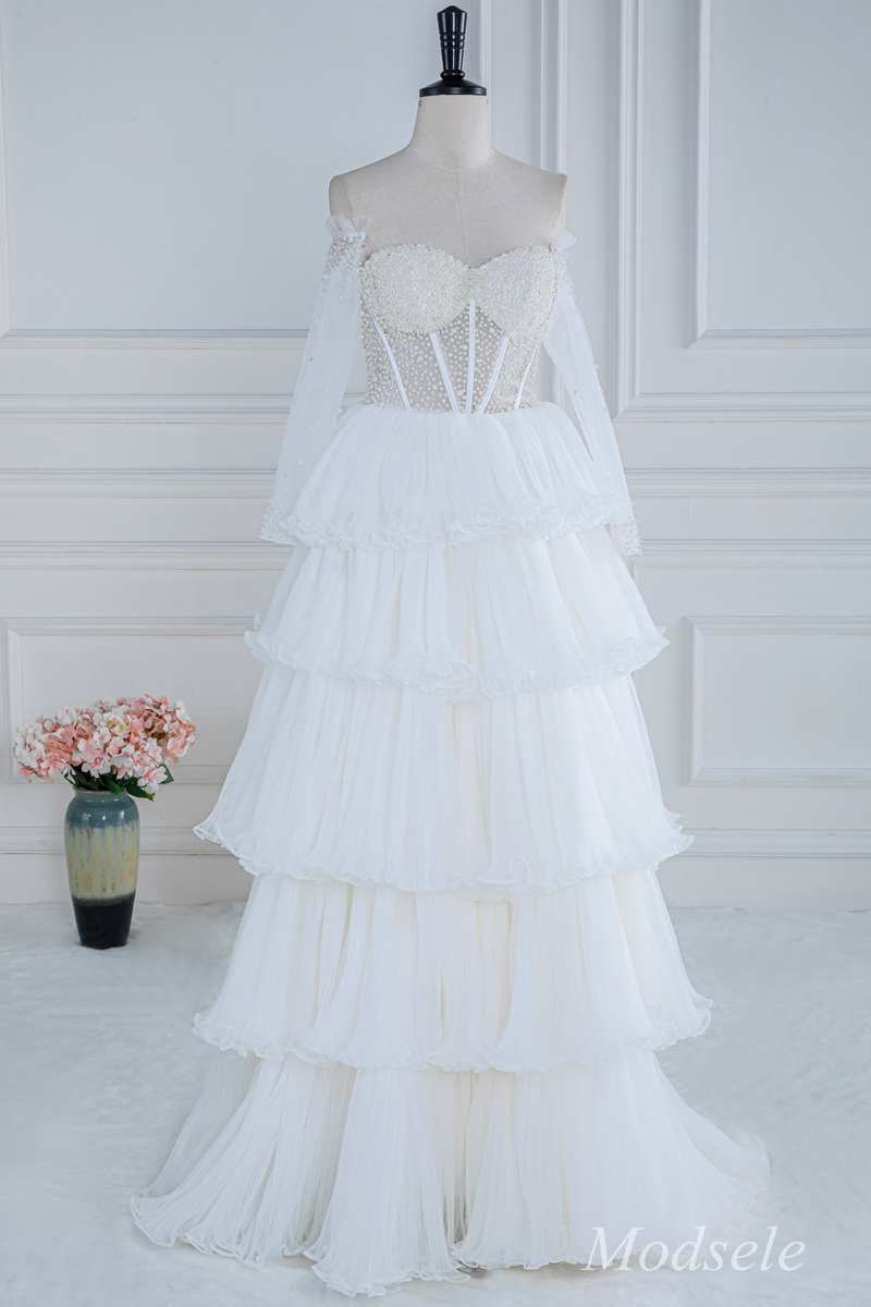 White Beaded Strapless Ruffle Tiered Long Prom Dress
