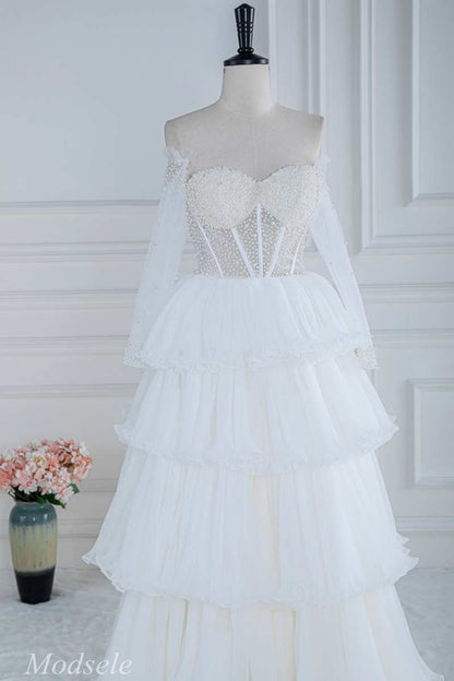 White Beaded Strapless Ruffle Tiered Long Prom Dress