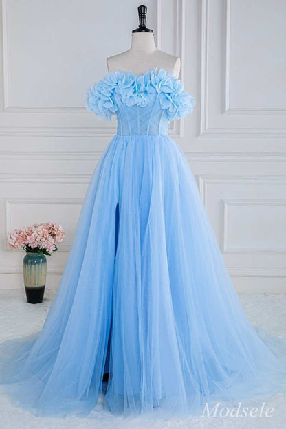 Blue Floral Petal Appliques Off-the-Shoulder A-Line Long Prom Dress