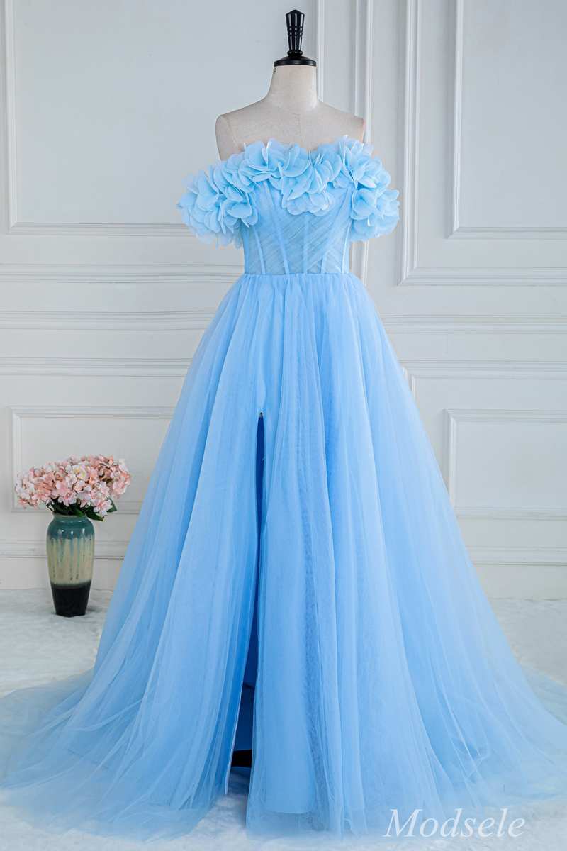 Blue Floral Petal Appliques Off-the-Shoulder A-Line Long Prom Dress