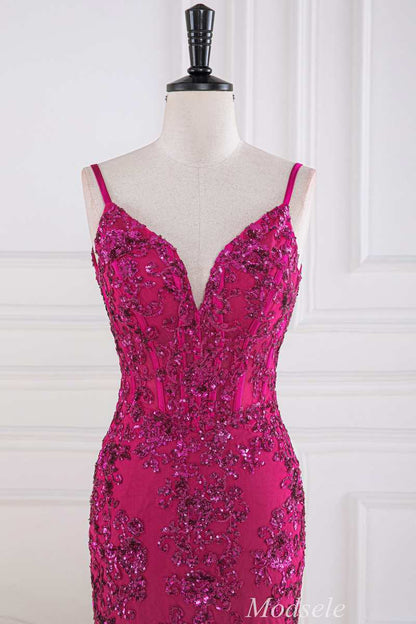 Magenta Sequin Appliques V-Neck Trumpet Long Gown