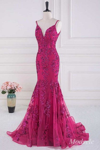 Magenta Sequin Appliques V-Neck Trumpet Long Gown