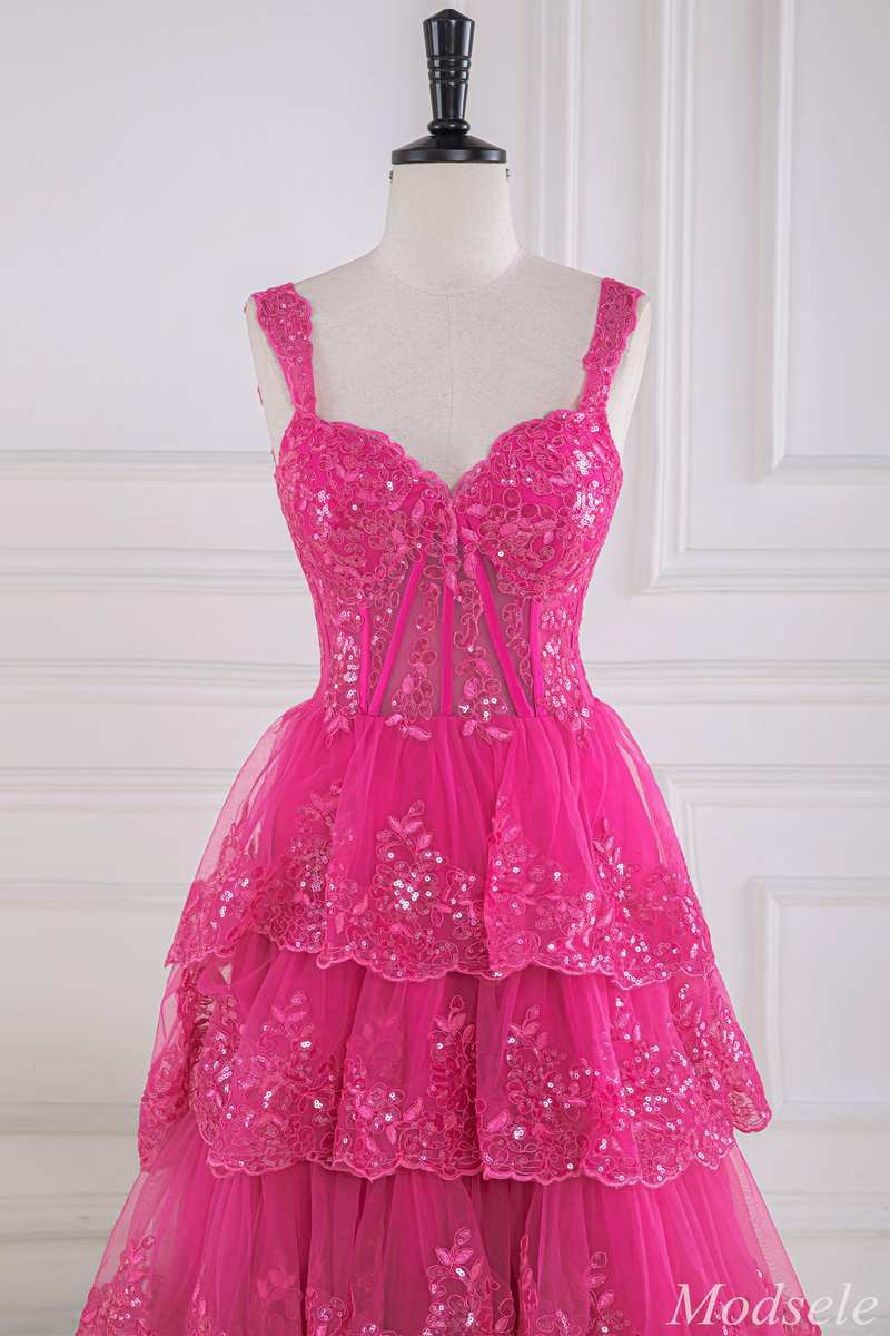 Fuchsia Tulle Sequin Sweetheart Ruffle Multi-Layer Ball Gown