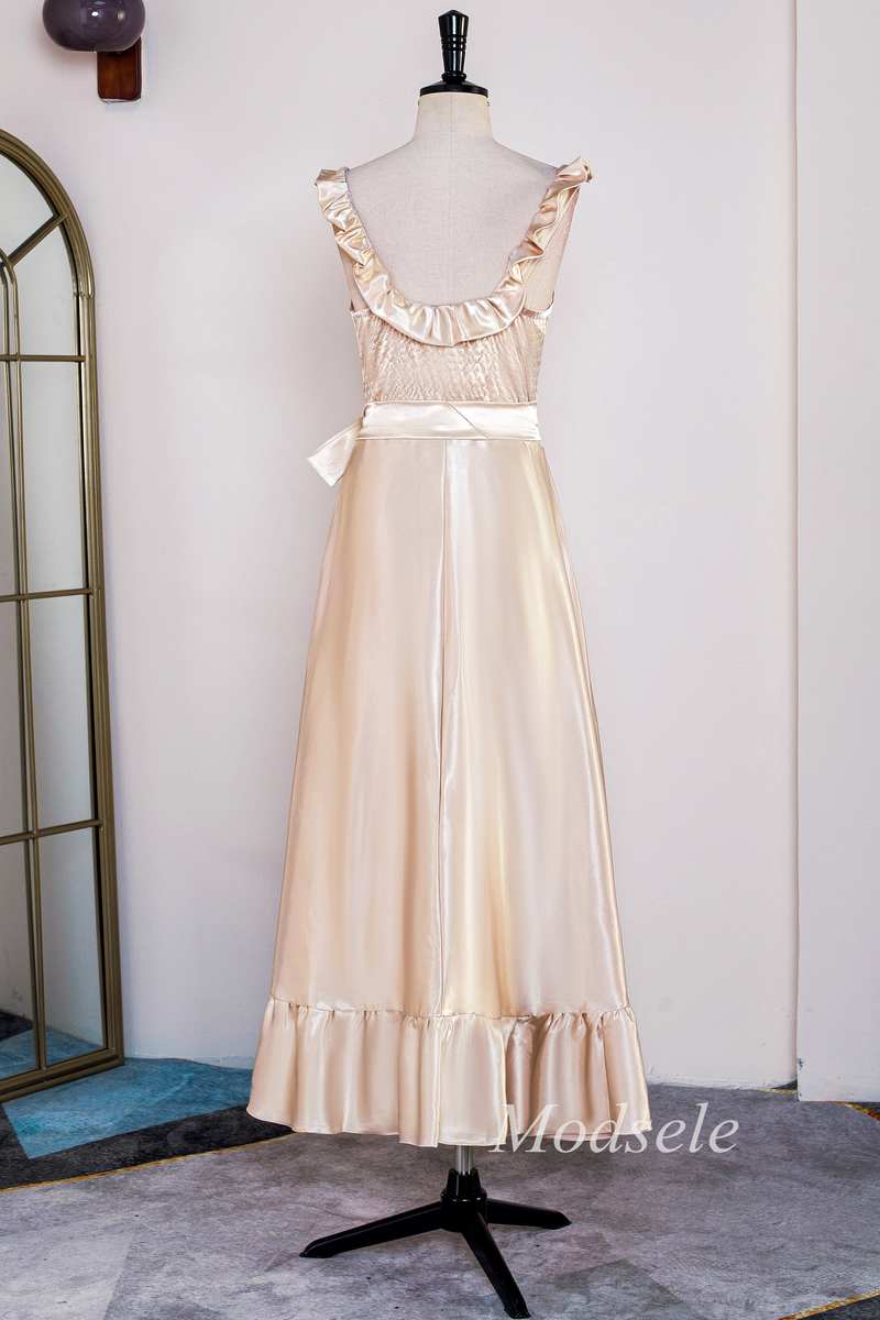 Champagne Round Neck Ruffle Backless A-Line Long Dress
